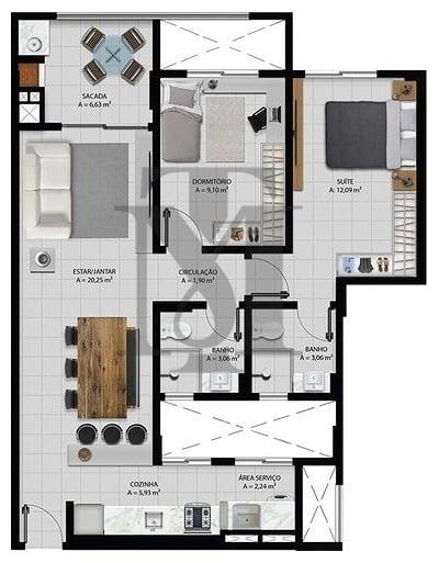 Planta 01 - 2 dorm 72 35m