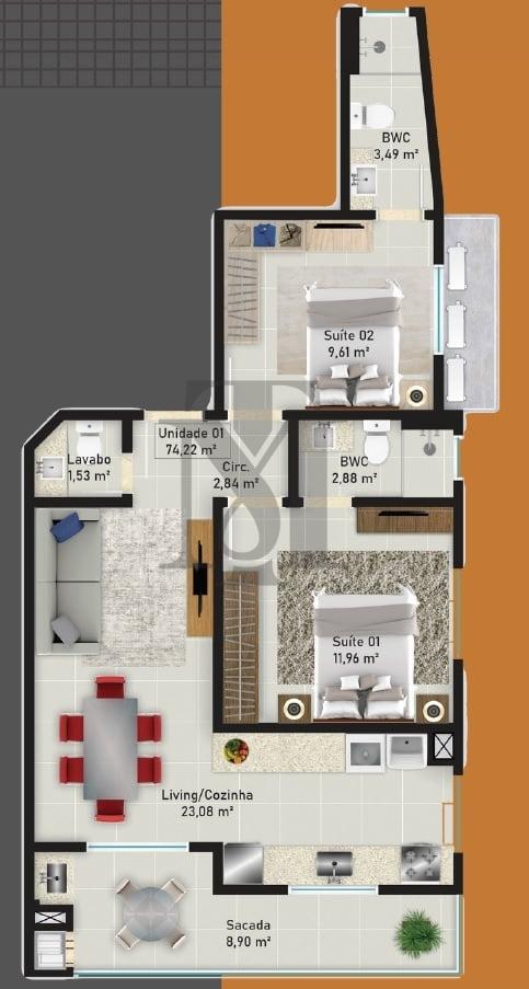Planta 01 - 2 dorm 74,22m