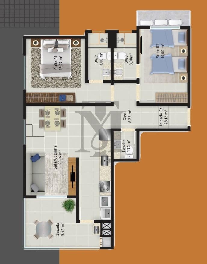 Planta 02 - 2 dorm 78,12m