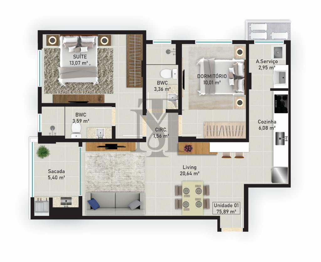 Planta 01 - 2 dorm 76m