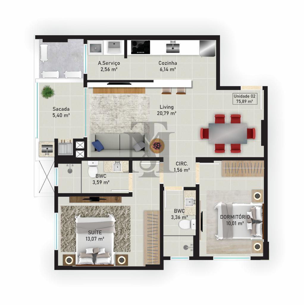 Planta 02 - 2 dorm 76m