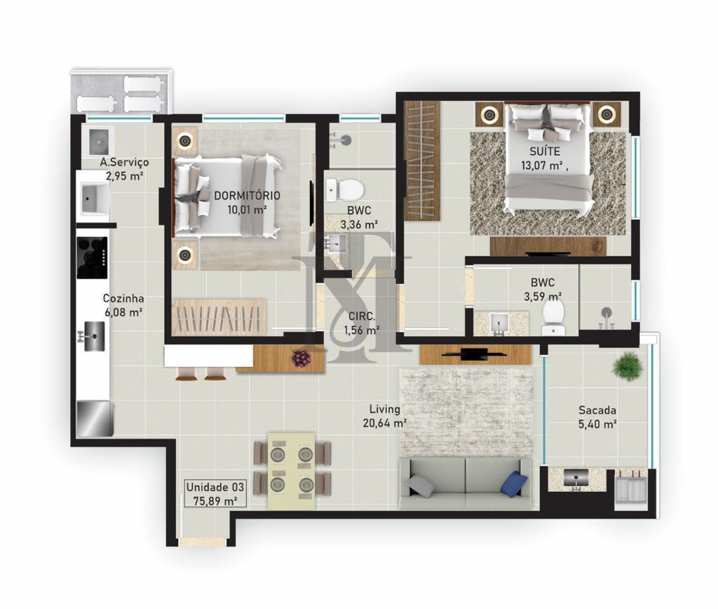 Planta 03 - 2 dorm 76m