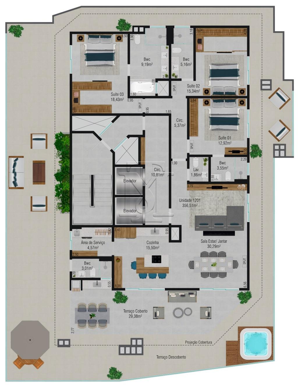 Planta 05 - 3 dorm 356,51m - cobertura horizontal