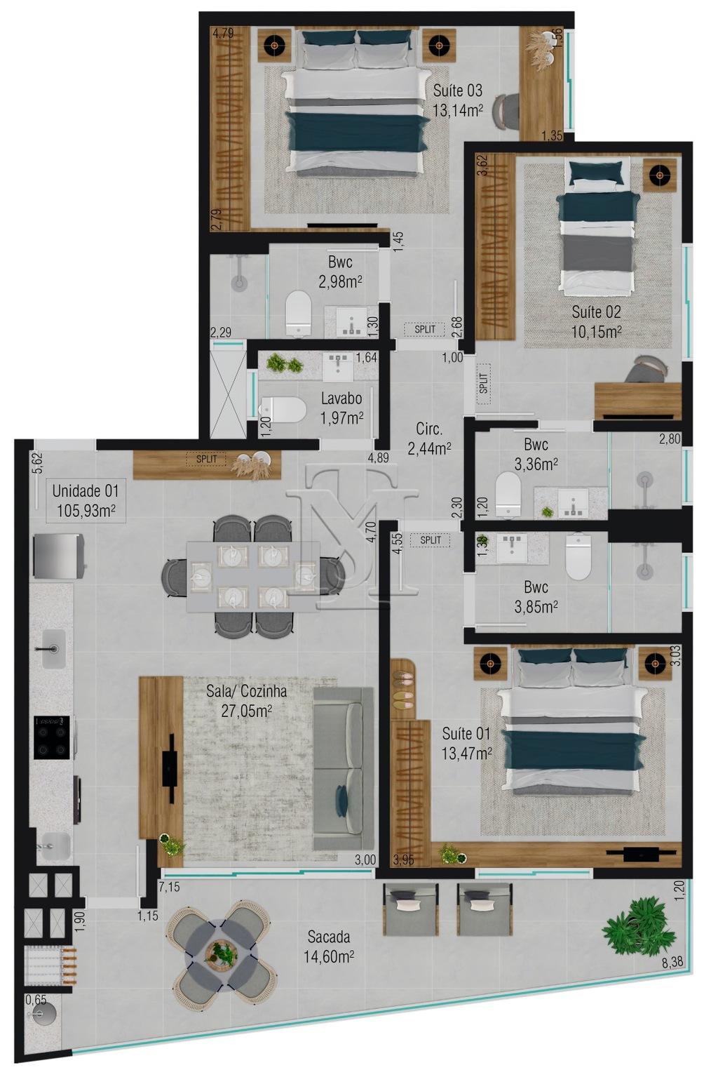 Planta 04 - 3 dorm 105,93m