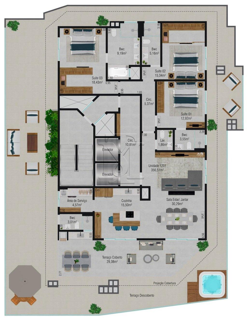 Planta 05 - 3 dorm 356,51m - cobertura horizontal