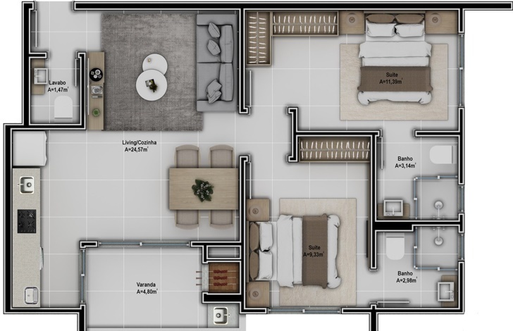 Planta 01 - 2 dorm 68 09m