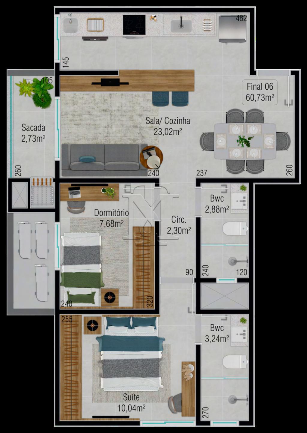 Planta 01 - 2 dorm 60,73m