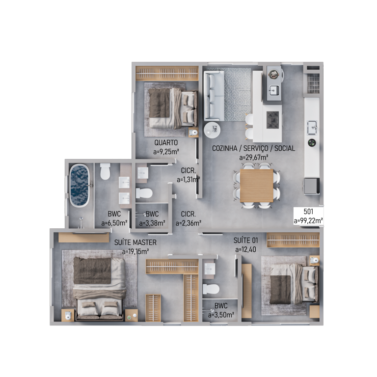 Planta 04 - 3 dorm 99,22m - cobertura horizontal